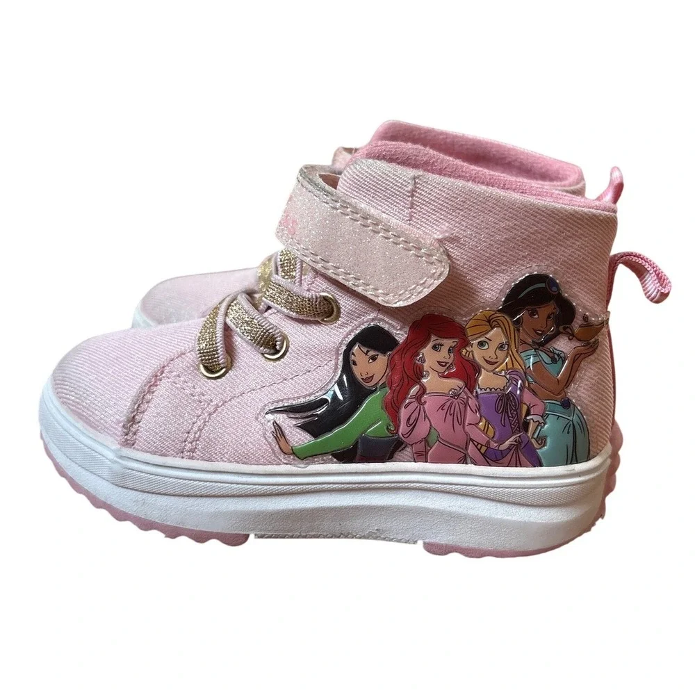 Disney Princess High Top Sneakers Girls Pink Glitter Character Shoes SIZE 8